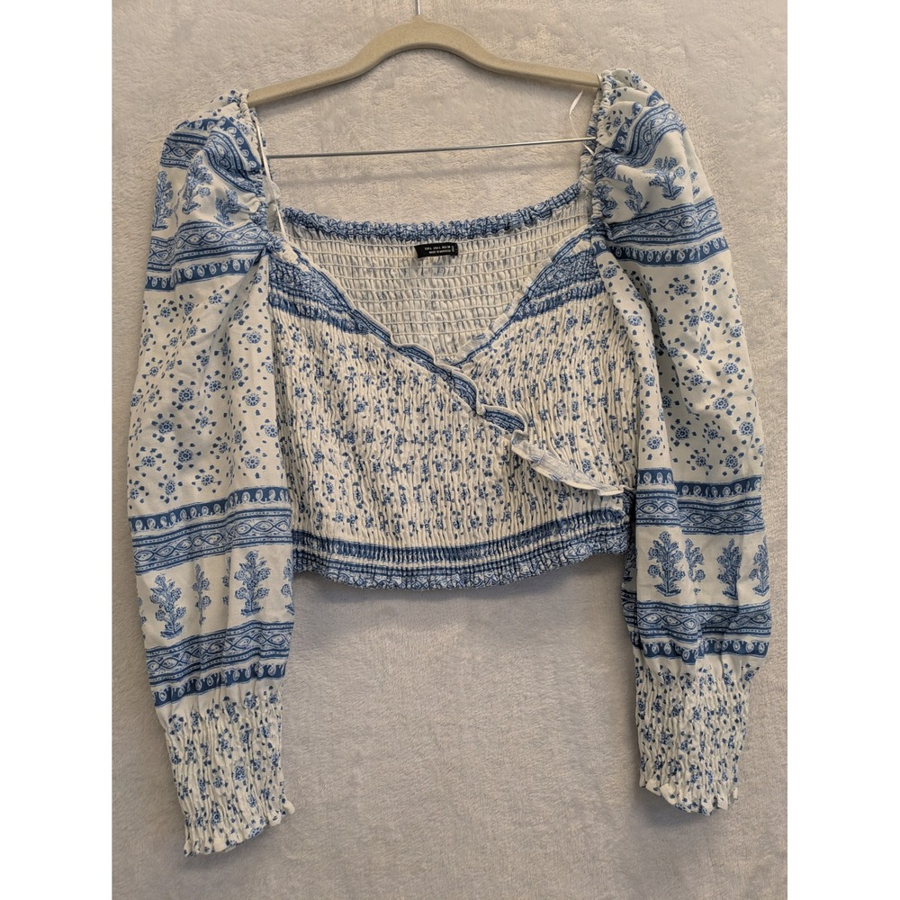 Moroccan Inspired Crop Top‎ Long Sleeve Smocked Blue White Womens Size Large